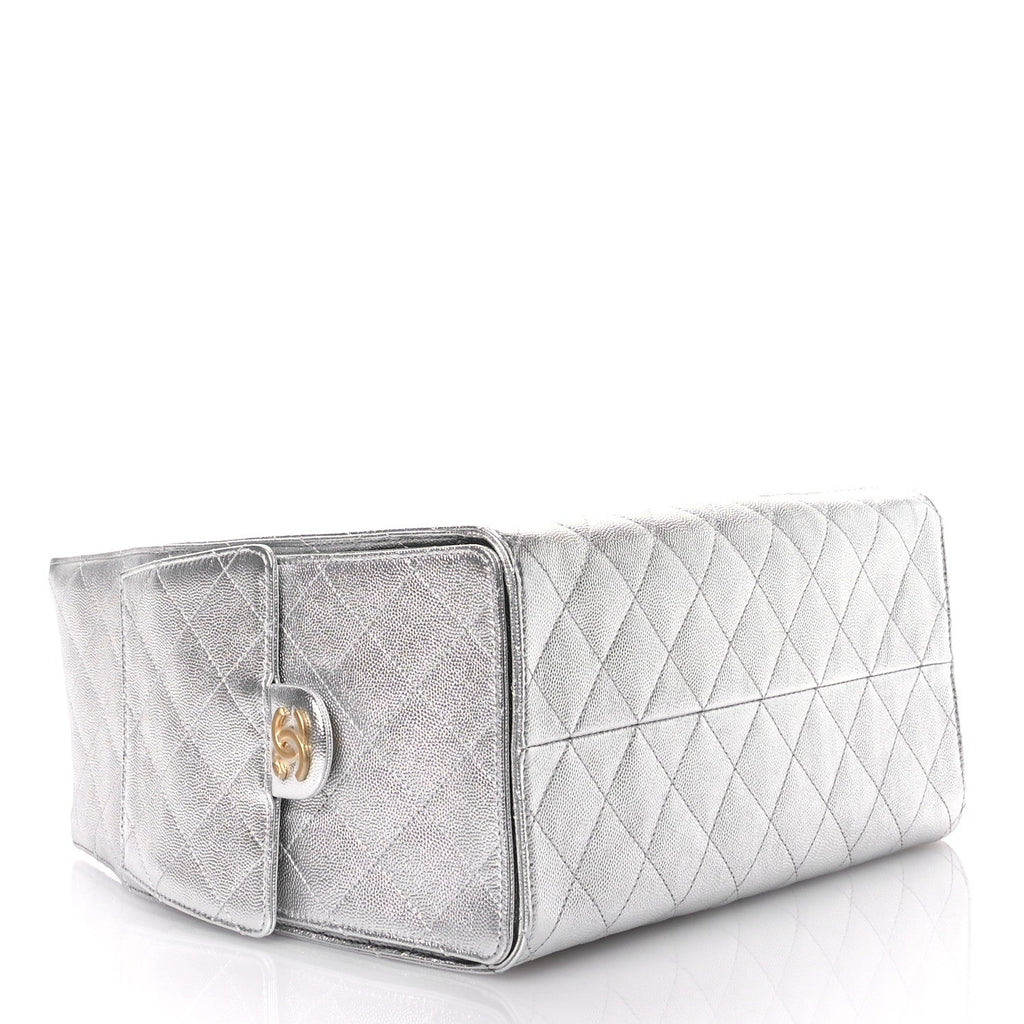 Metallic Caviar Quilted Medium Chanel 25 Handbag Silver