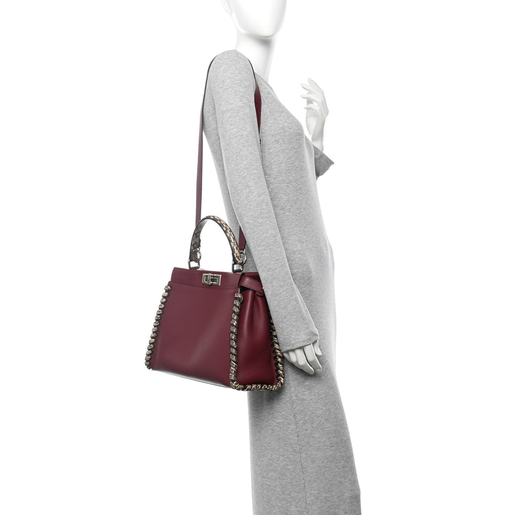 Calfskin Elaphe Lace Up Medium Peekaboo Iconic Satchel Bordeaux Beige Verde