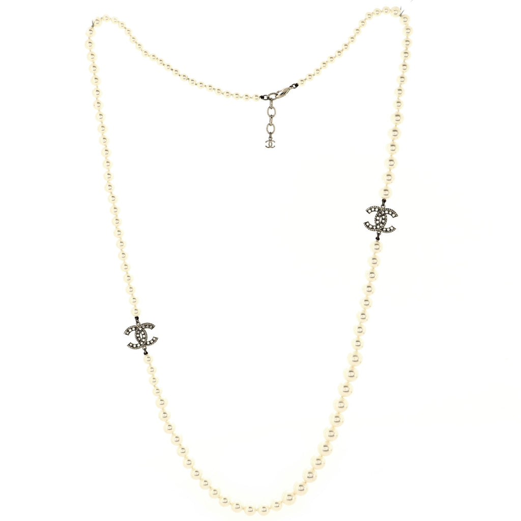 CC Long Necklace Faux Pearls and Crystal Embellished Metal