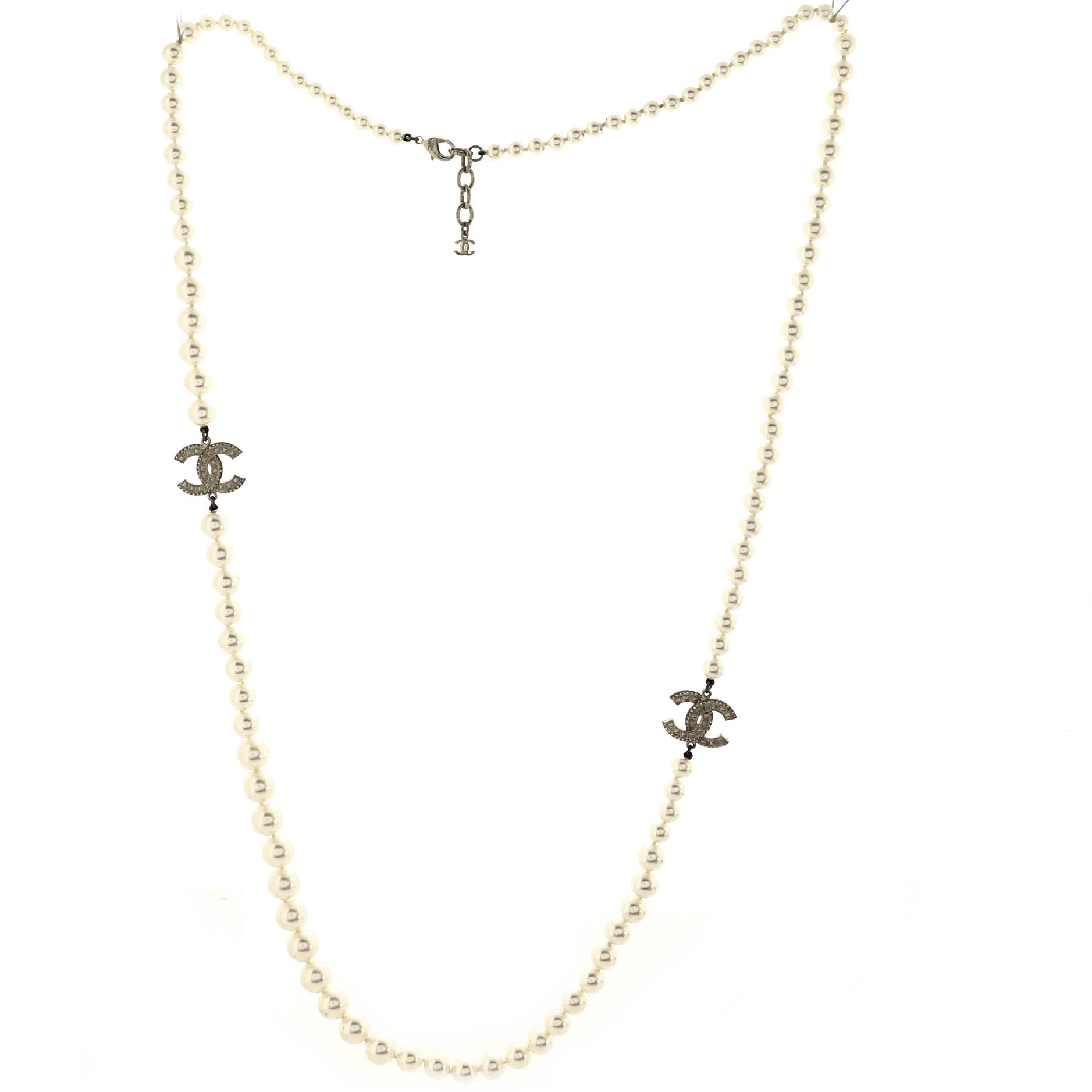 CC Long Necklace Faux Pearls and Crystal Embellished Metal