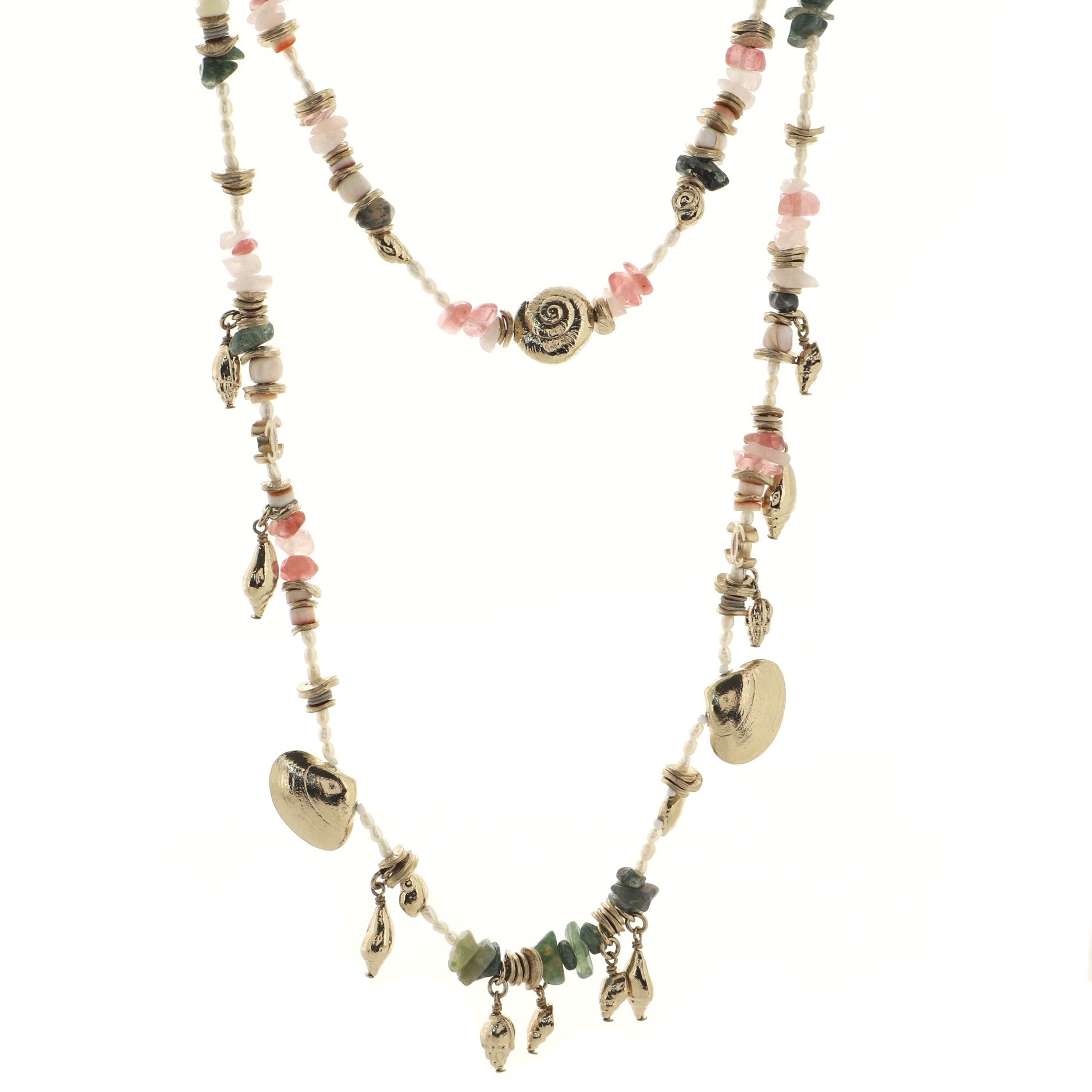 CC Seashells Double Strand Necklace Metal with Resin and Faux Pearls