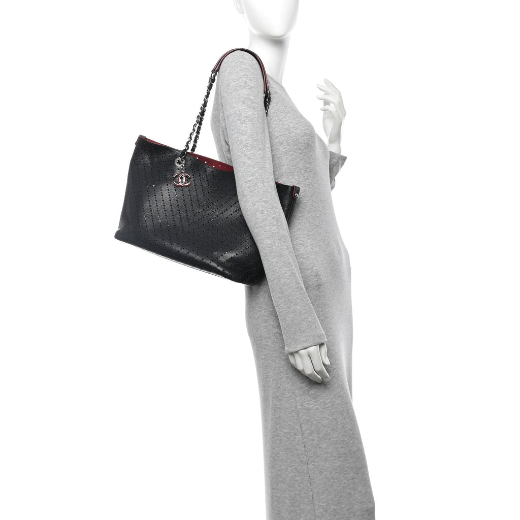 Perforated Grained Calfskin Large Shopping Tote Black