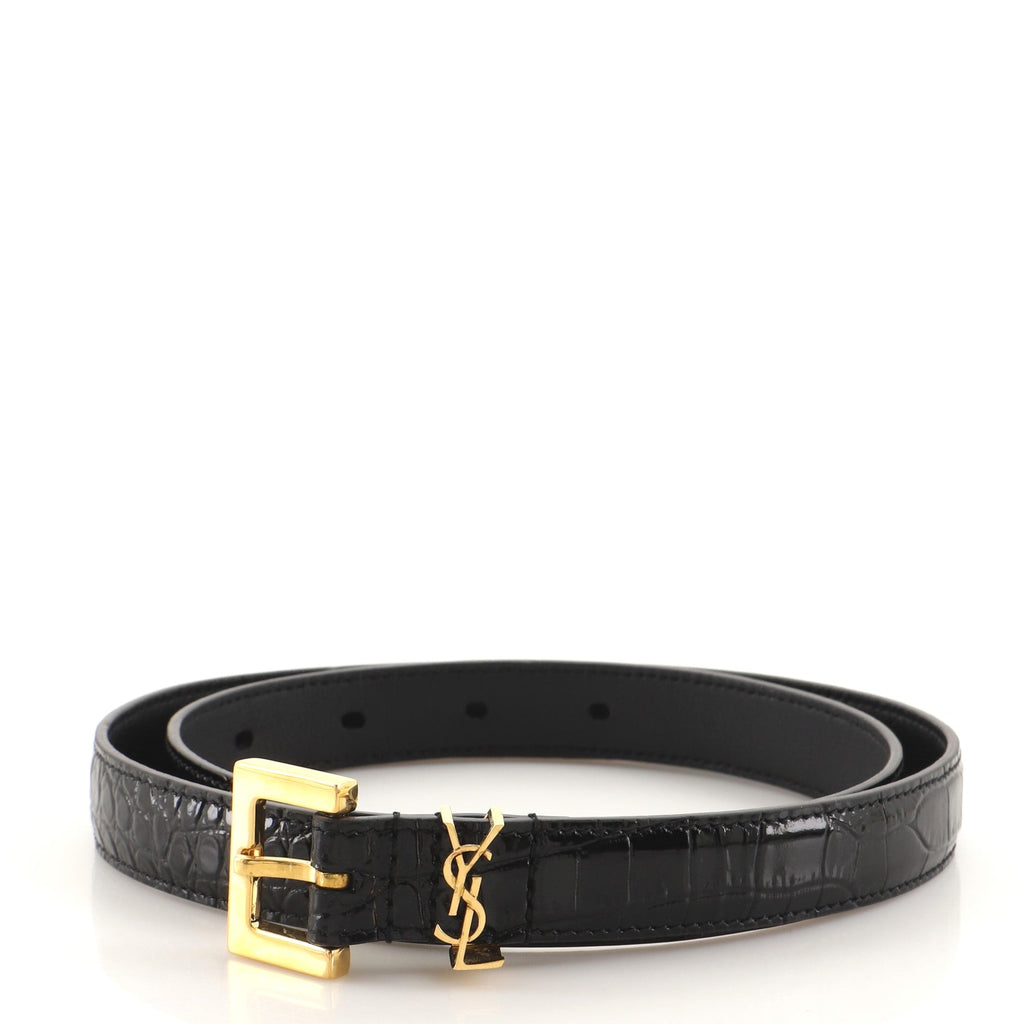 Classic Monogram Square Buckle Belt Crocodile Embossed Leather Thin 70
