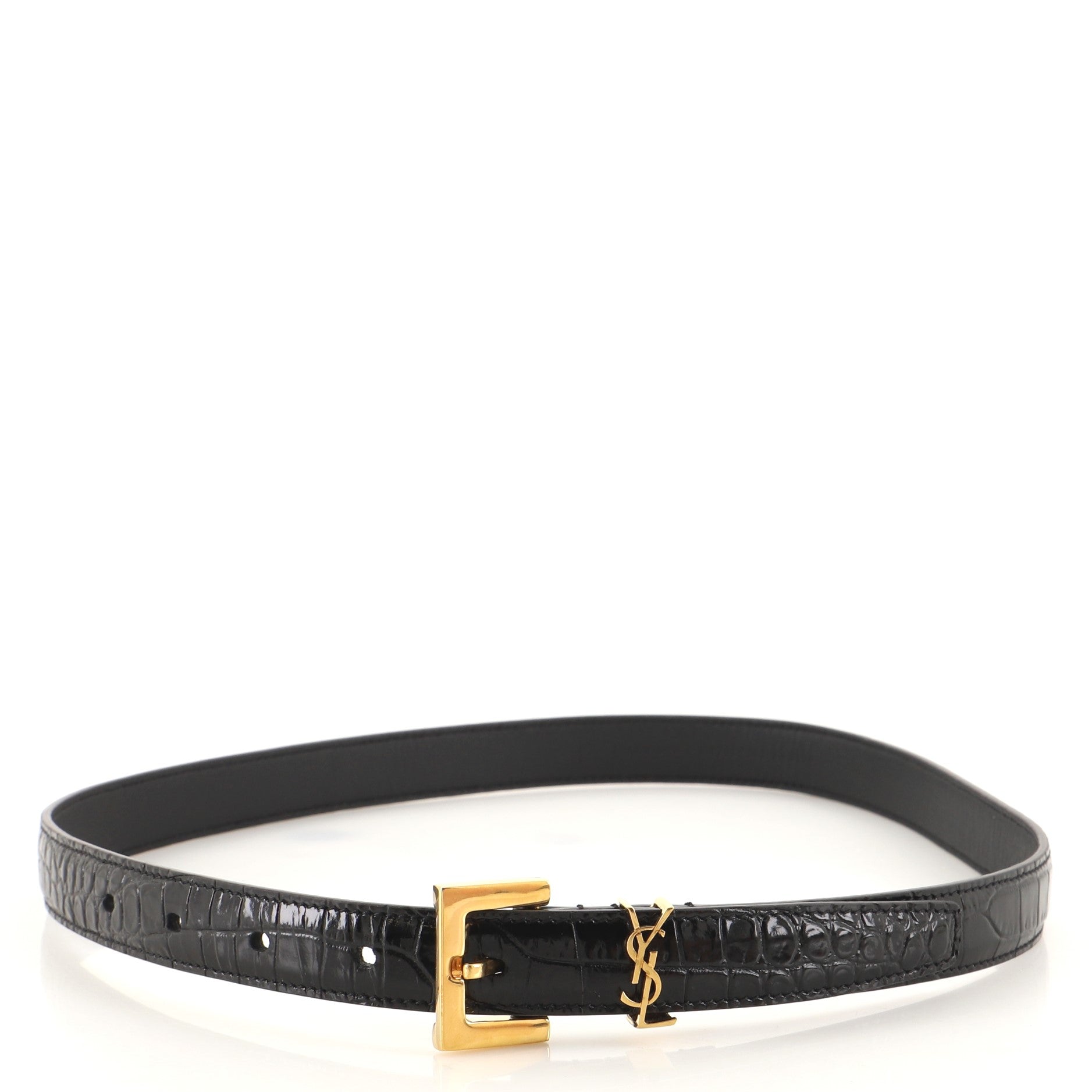 Classic Monogram Square Buckle Belt Crocodile Embossed Leather Thin 70