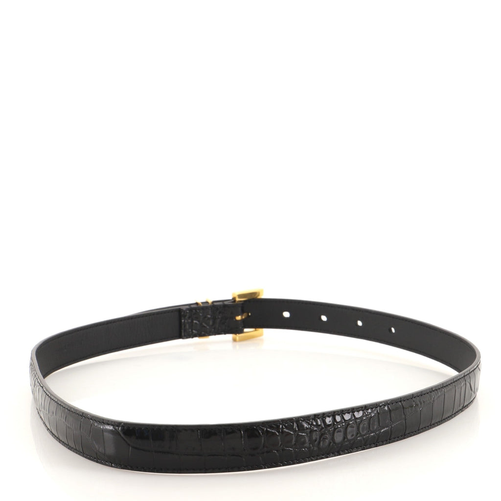 Classic Monogram Square Buckle Belt Crocodile Embossed Leather Thin 70