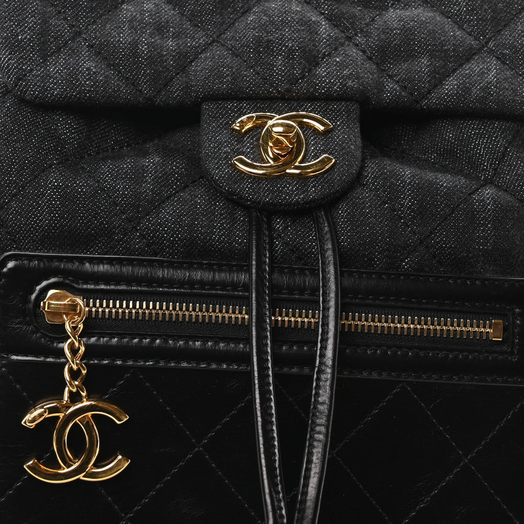 Denim Calfskin Quilted Backpack Black