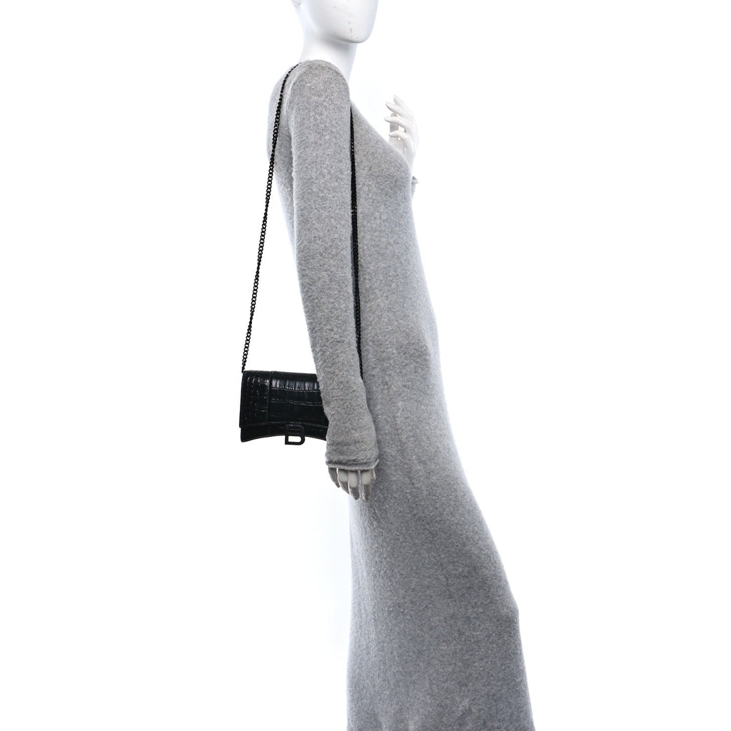 Shiny Calfskin Monochrome Crocodile Embossed Hourglass Chain Bag Black