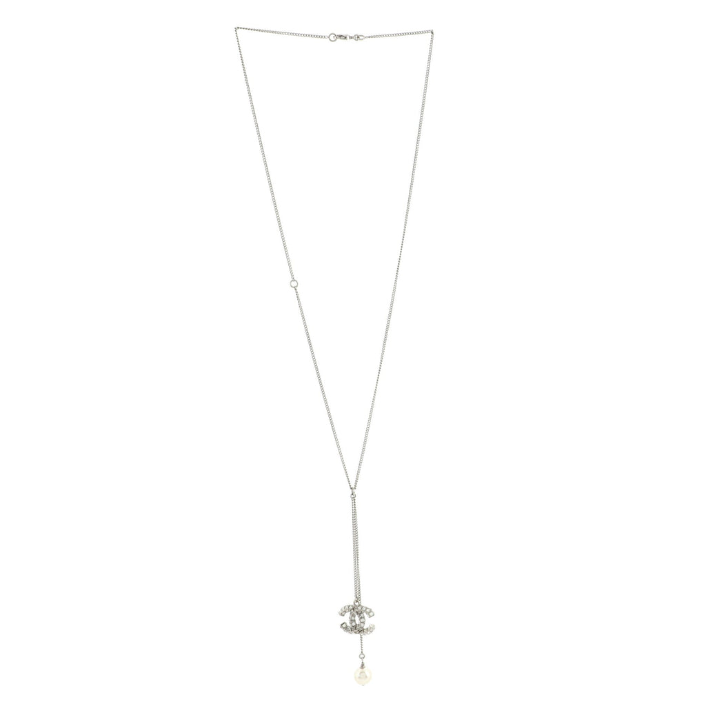 Baguette CC Pearl Lariat Necklace Crystal Embellished Metal