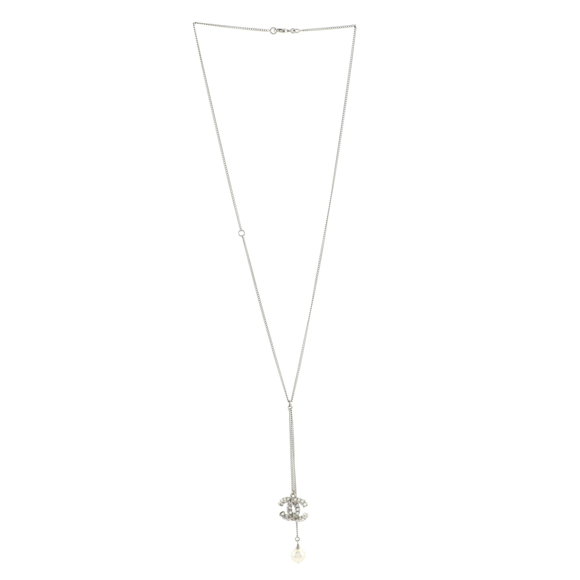 Baguette CC Pearl Lariat Necklace Crystal Embellished Metal