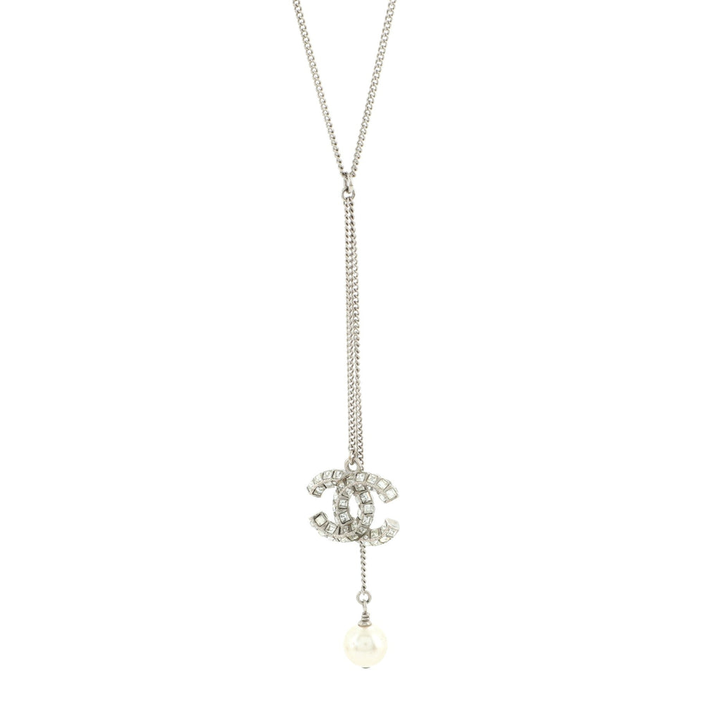 Baguette CC Pearl Lariat Necklace Crystal Embellished Metal