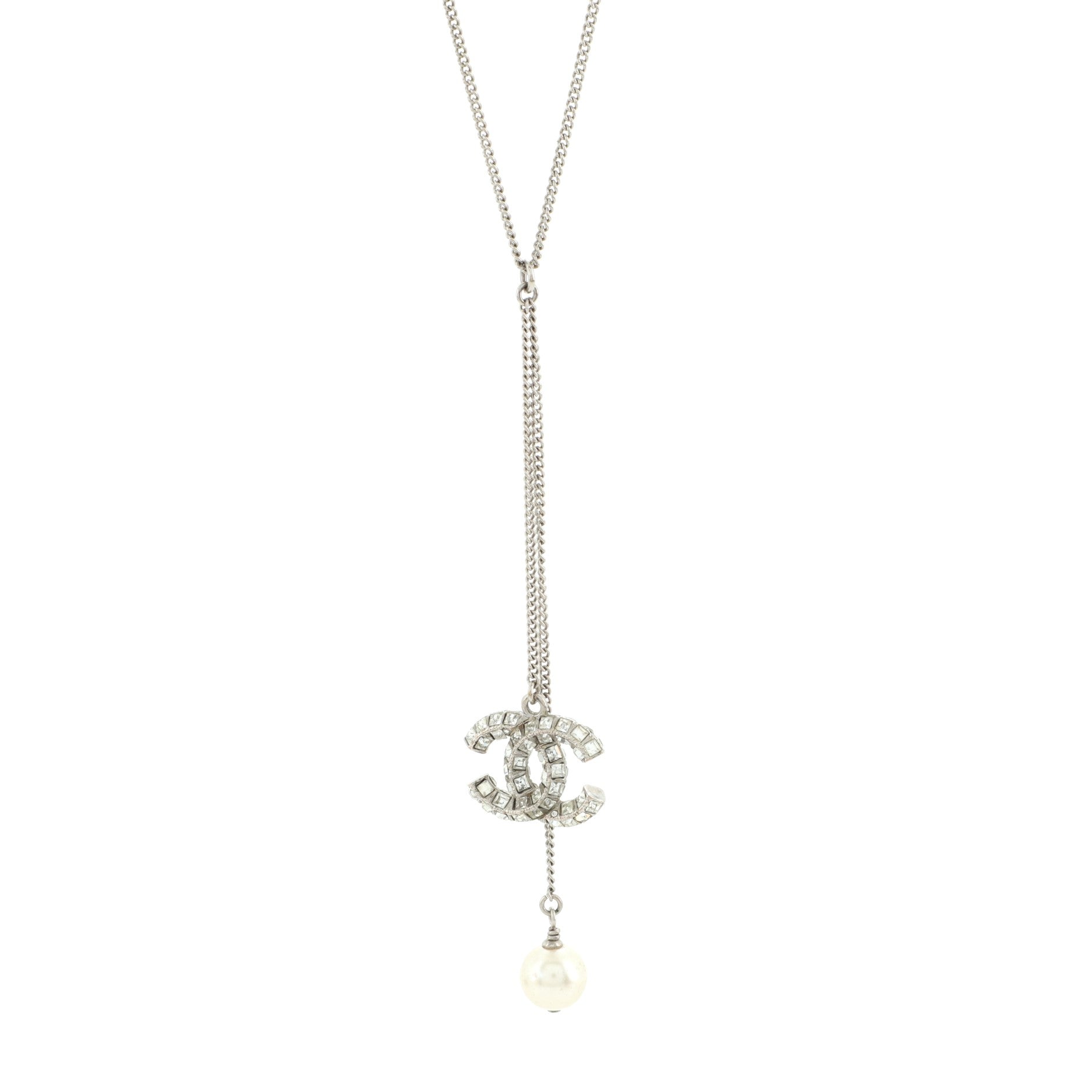 Baguette CC Pearl Lariat Necklace Crystal Embellished Metal