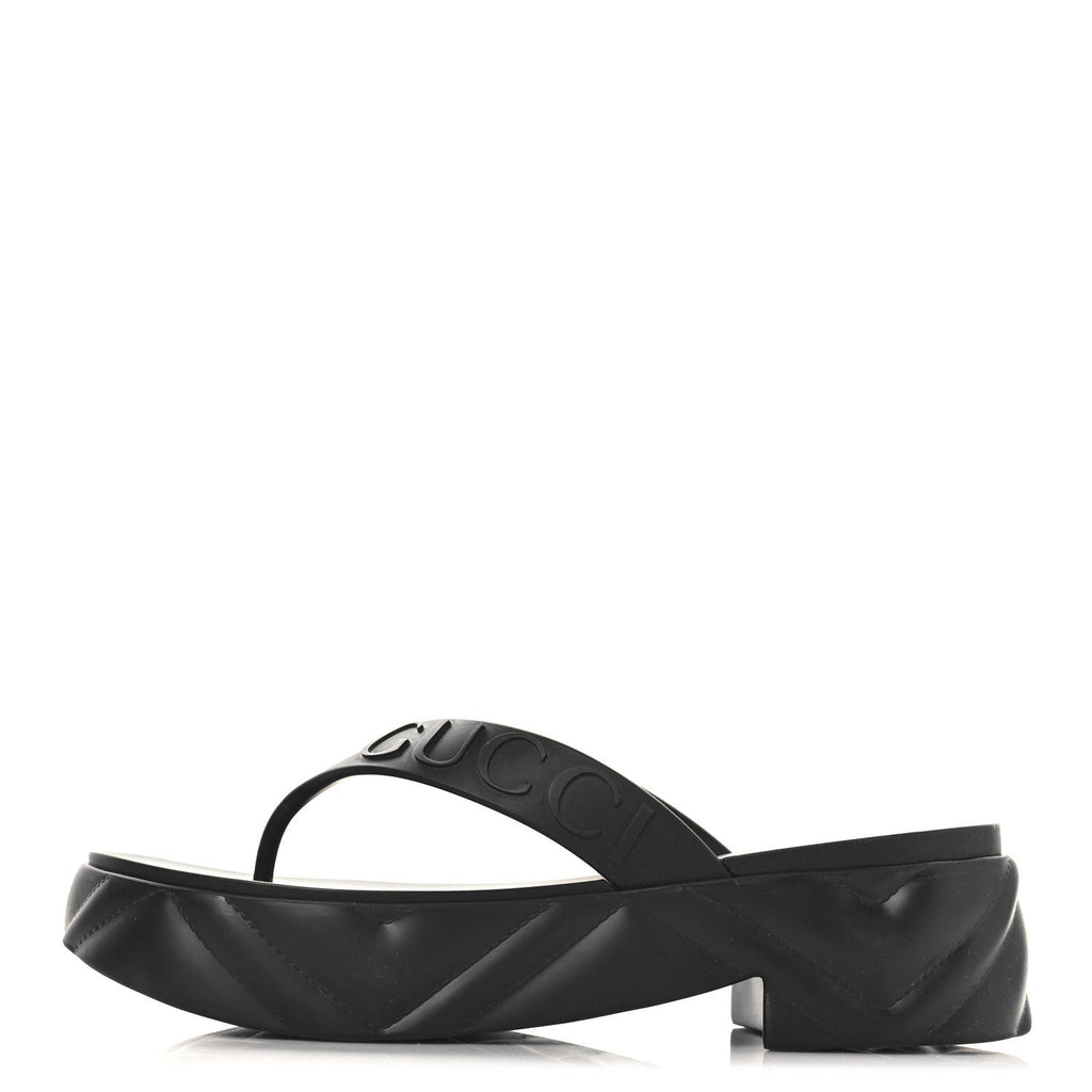 Rubber Chevron Logo Embossed Womens Thong Platform Sandals 38 Black