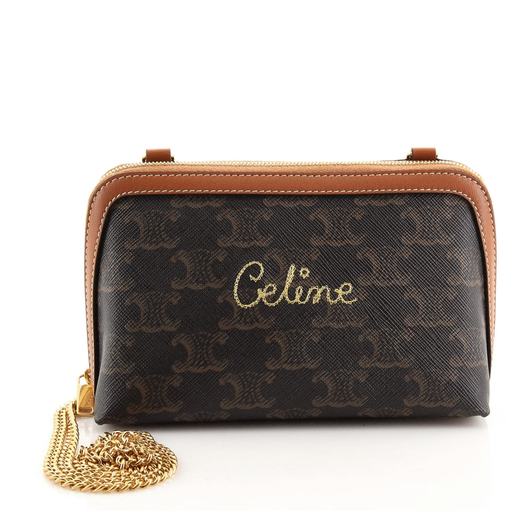 Zip Around Chain Clutch Embroidered Triomphe Coated Canvas