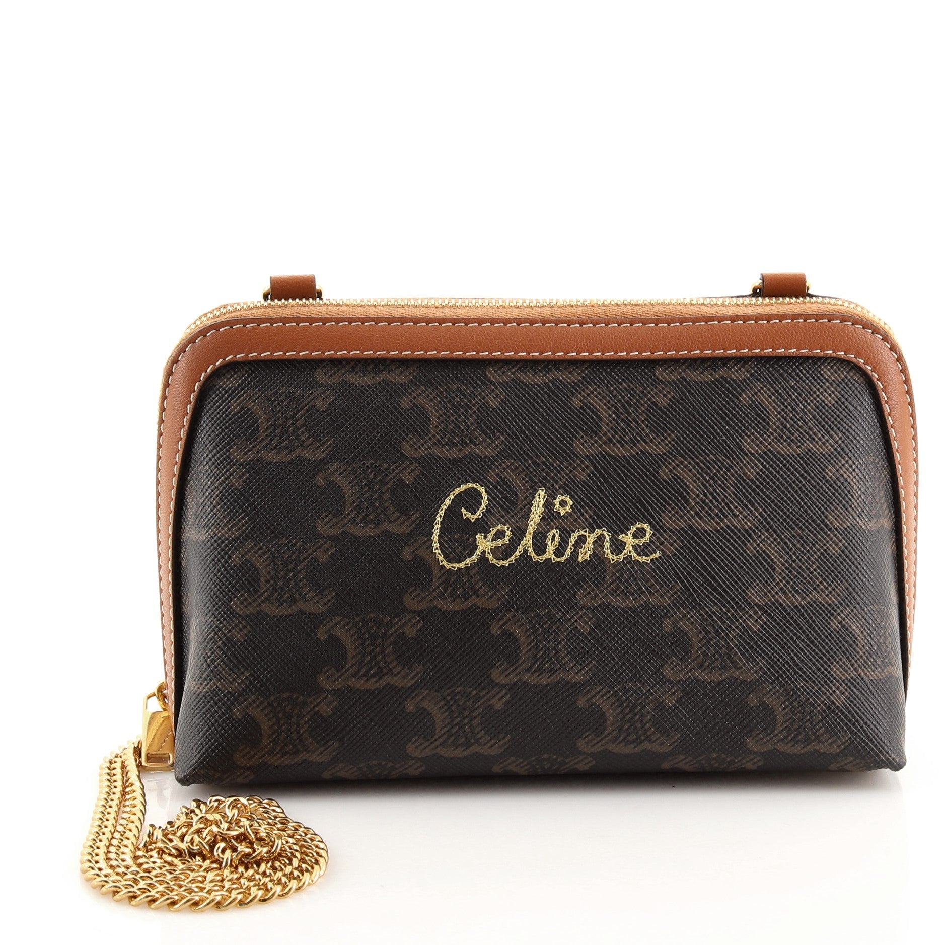 Zip Around Chain Clutch Embroidered Triomphe Coated Canvas