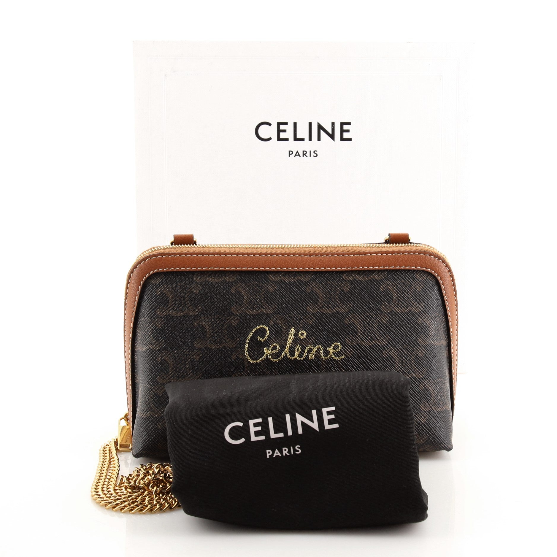 Zip Around Chain Clutch Embroidered Triomphe Coated Canvas