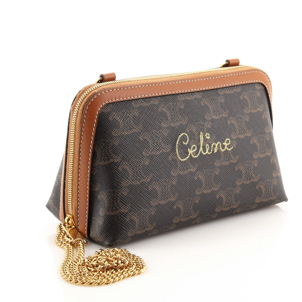 Zip Around Chain Clutch Embroidered Triomphe Coated Canvas