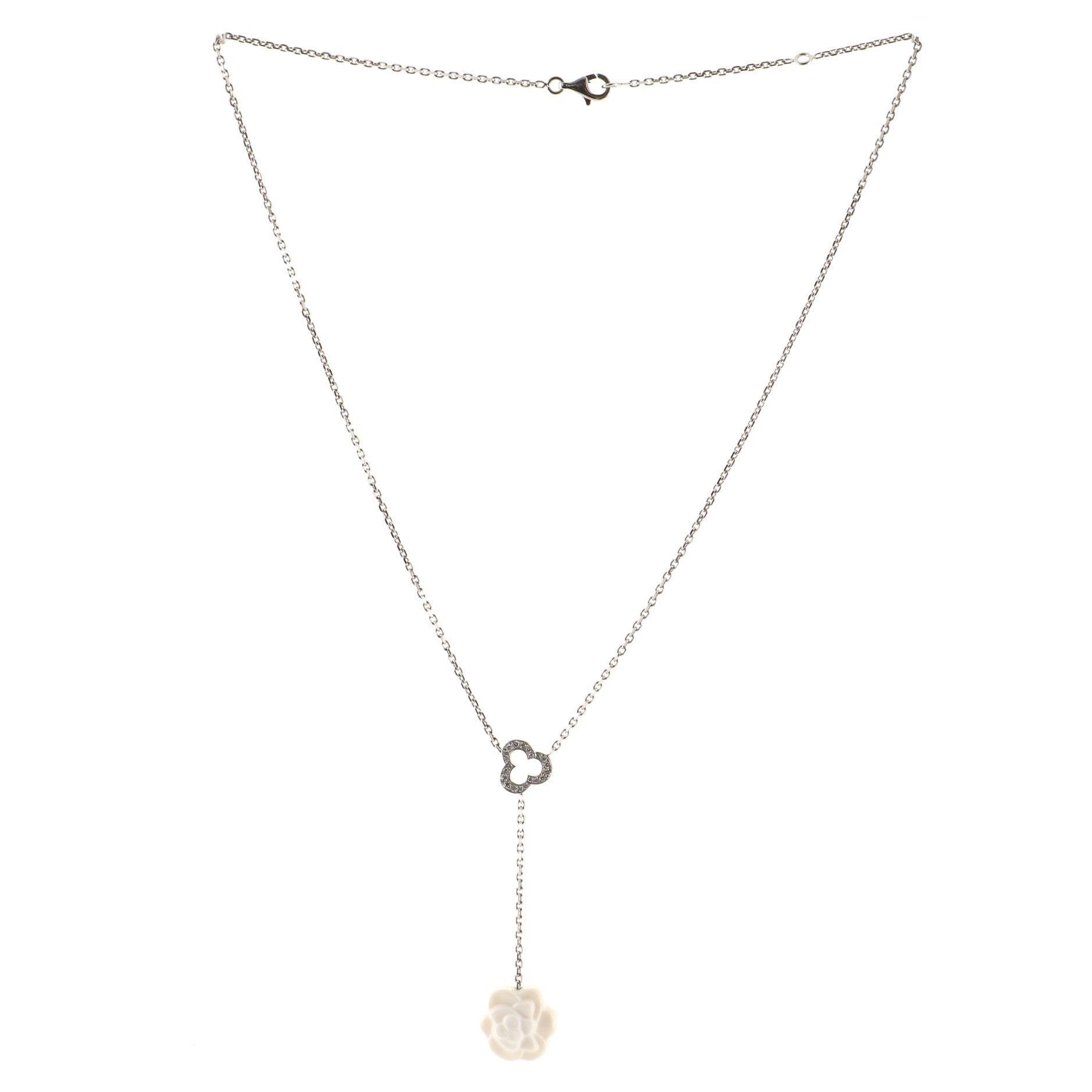 Camelia Lariat Necklace 18K White Gold with Diamonds and Agate