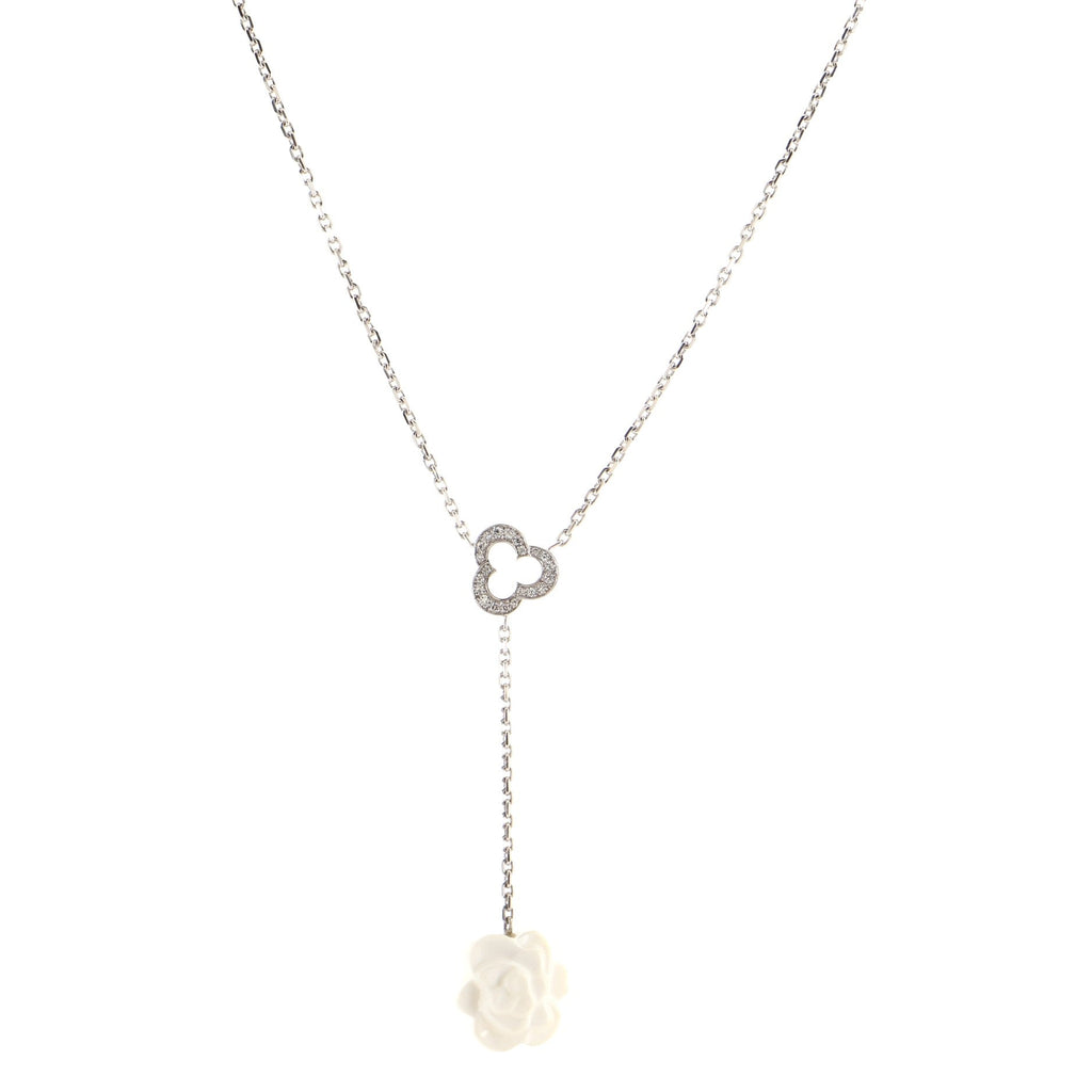 Camelia Lariat Necklace 18K White Gold with Diamonds and Agate