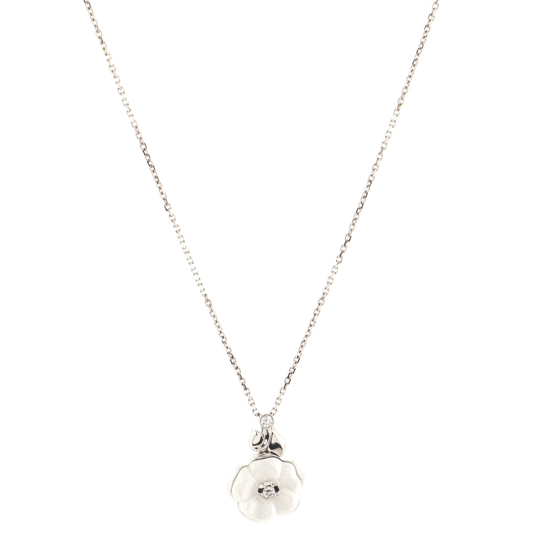 Camelia Flower Pendant Necklace 18K White Gold with Ceramic and Diamonds