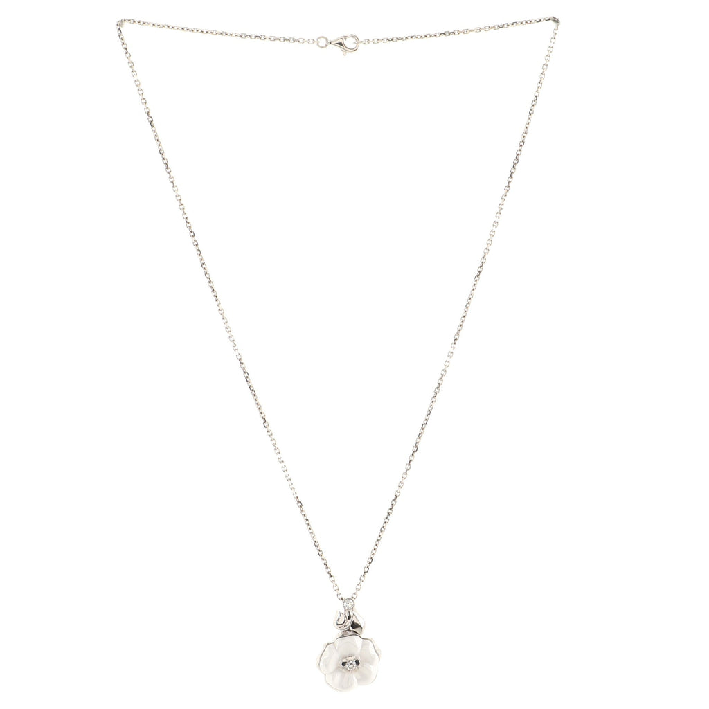 Camelia Flower Pendant Necklace 18K White Gold with Ceramic and Diamonds