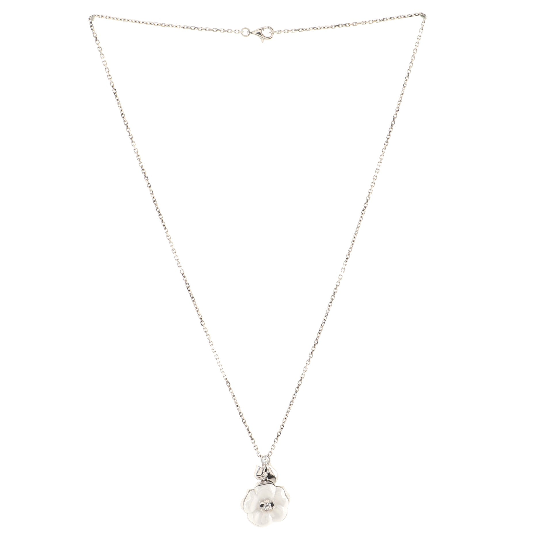 Camelia Flower Pendant Necklace 18K White Gold with Ceramic and Diamonds