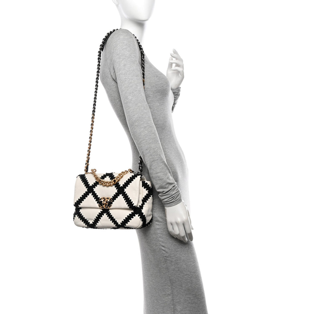 Calfskin Crochet Medium Chanel 19 Flap White Black