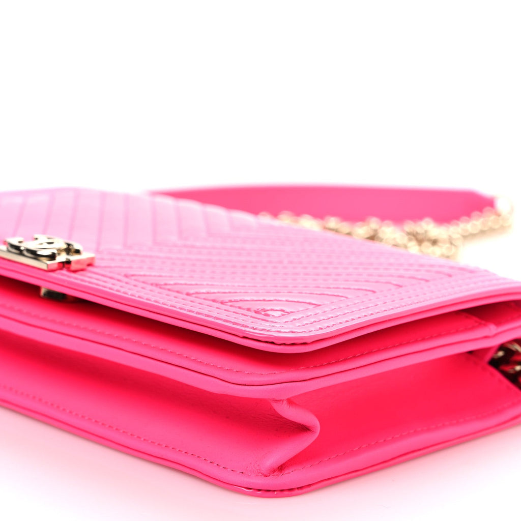 Patent Chevron Quilted Boy Wallet On Chain WOC Neon Pink