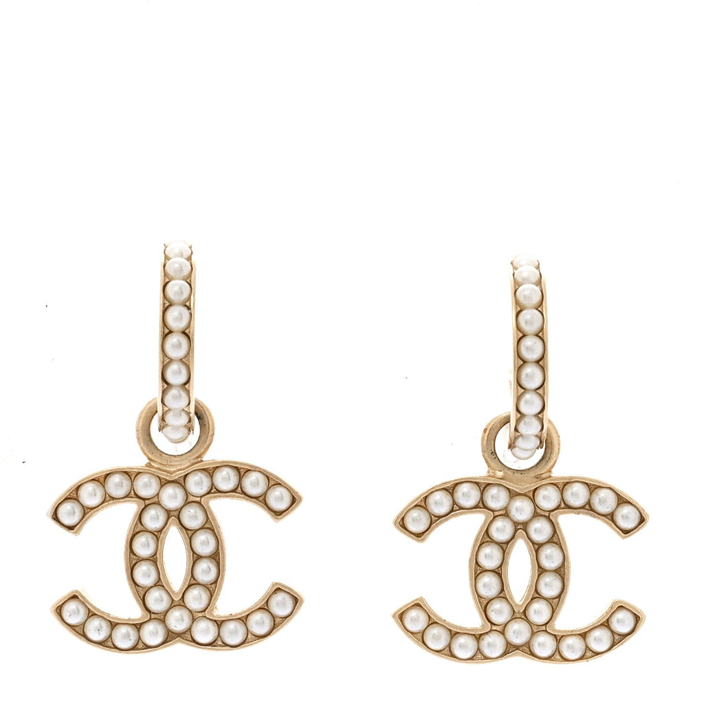 Pearl CC Hoop Drop Earring Gold