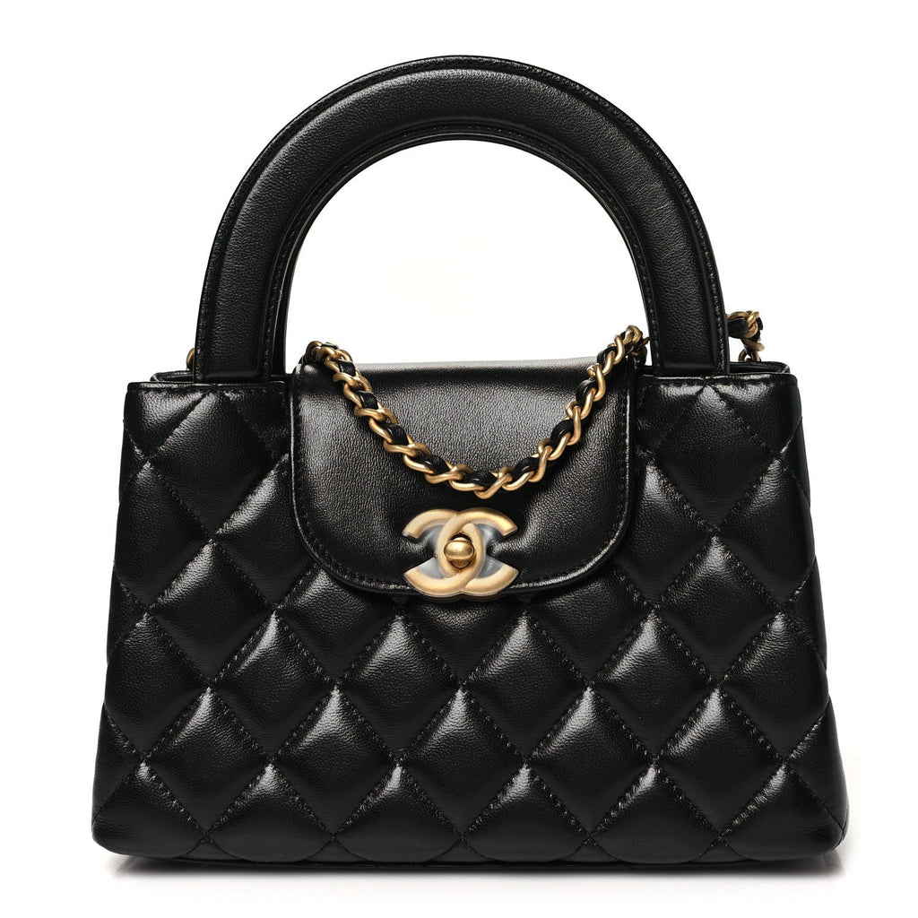 Shiny Aged Calfskin Quilted Nano Kelly Shopper Black