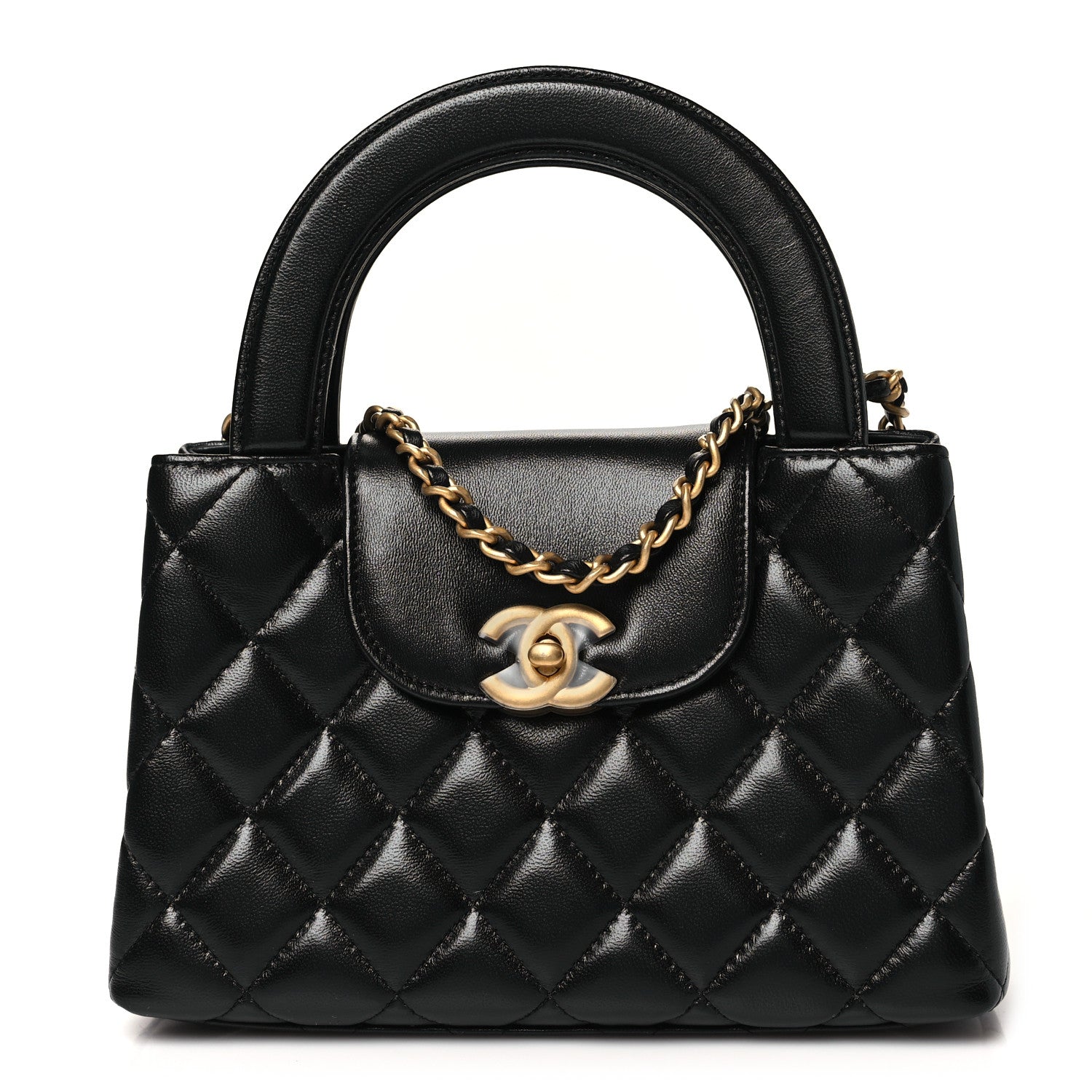 Shiny Aged Calfskin Quilted Nano Kelly Shopper Black