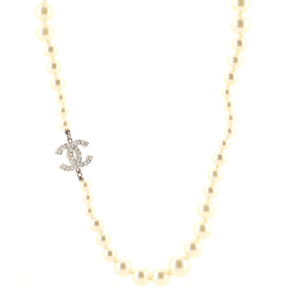 CC Long Necklace Faux Pearl and Metal with Beads