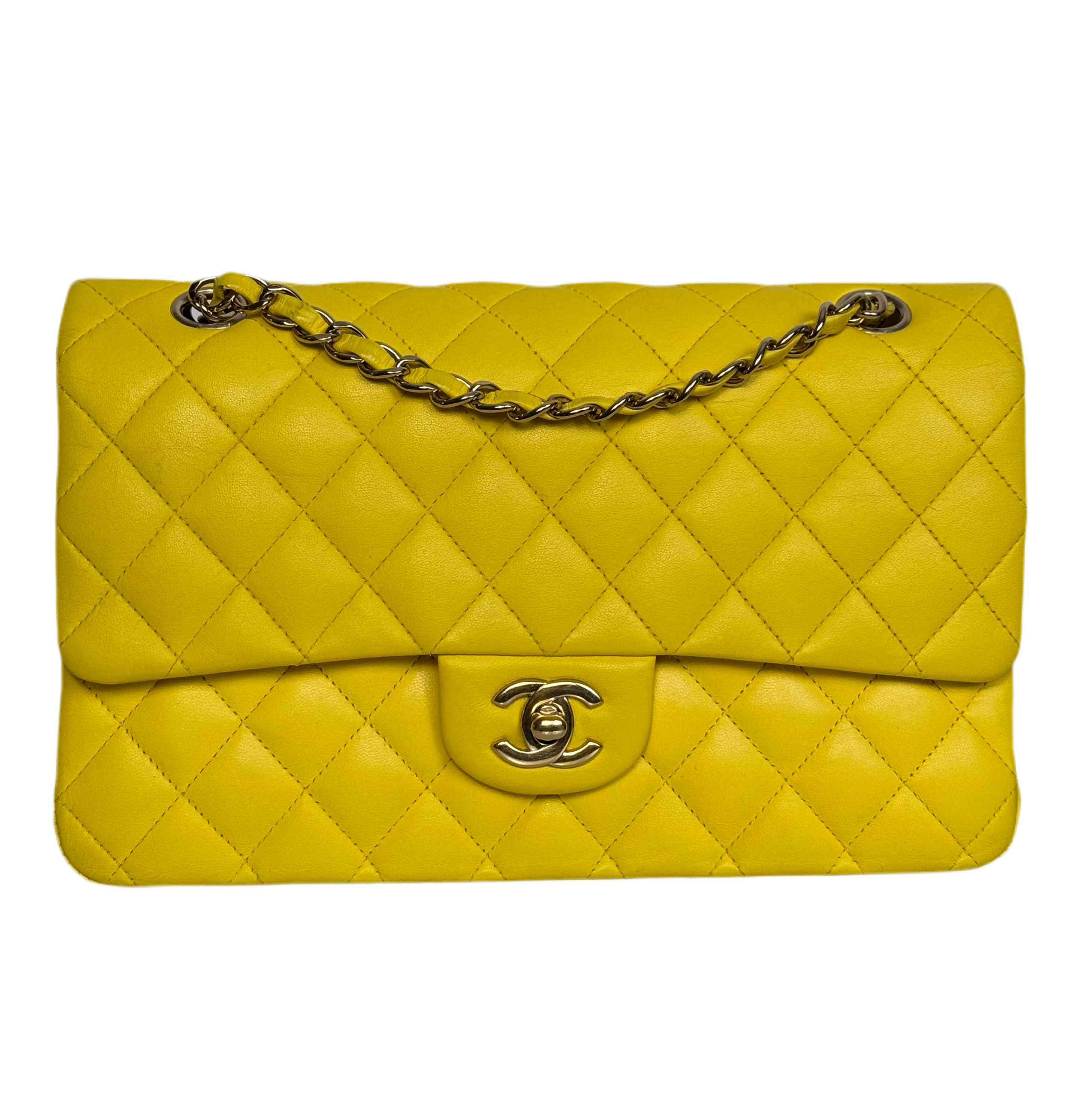 Chanel Yellow Classic Double Flap Bag Medium in Lambskin Leather with Silver Hardware