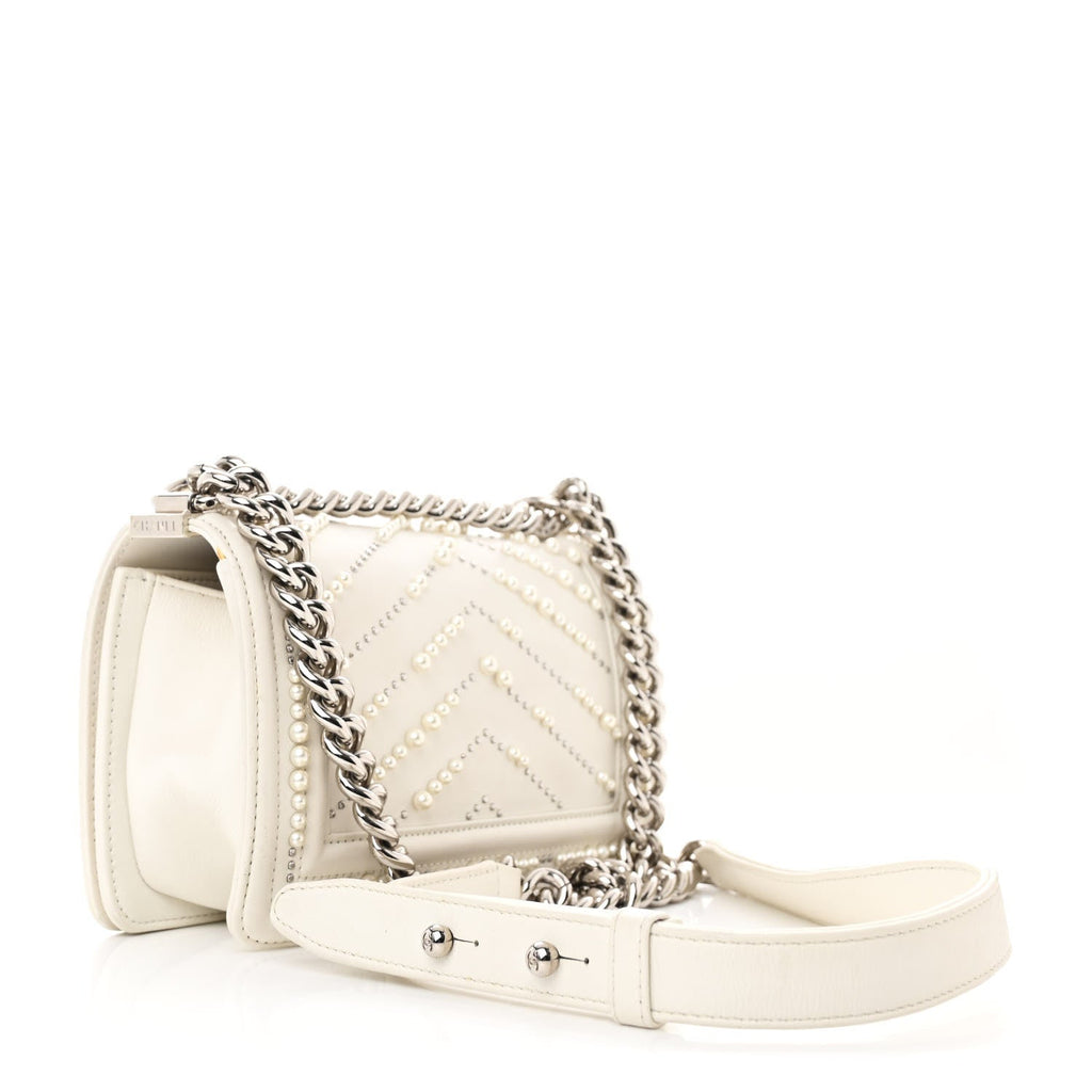 Calfskin Pearl Chevron Small Boy Flap White