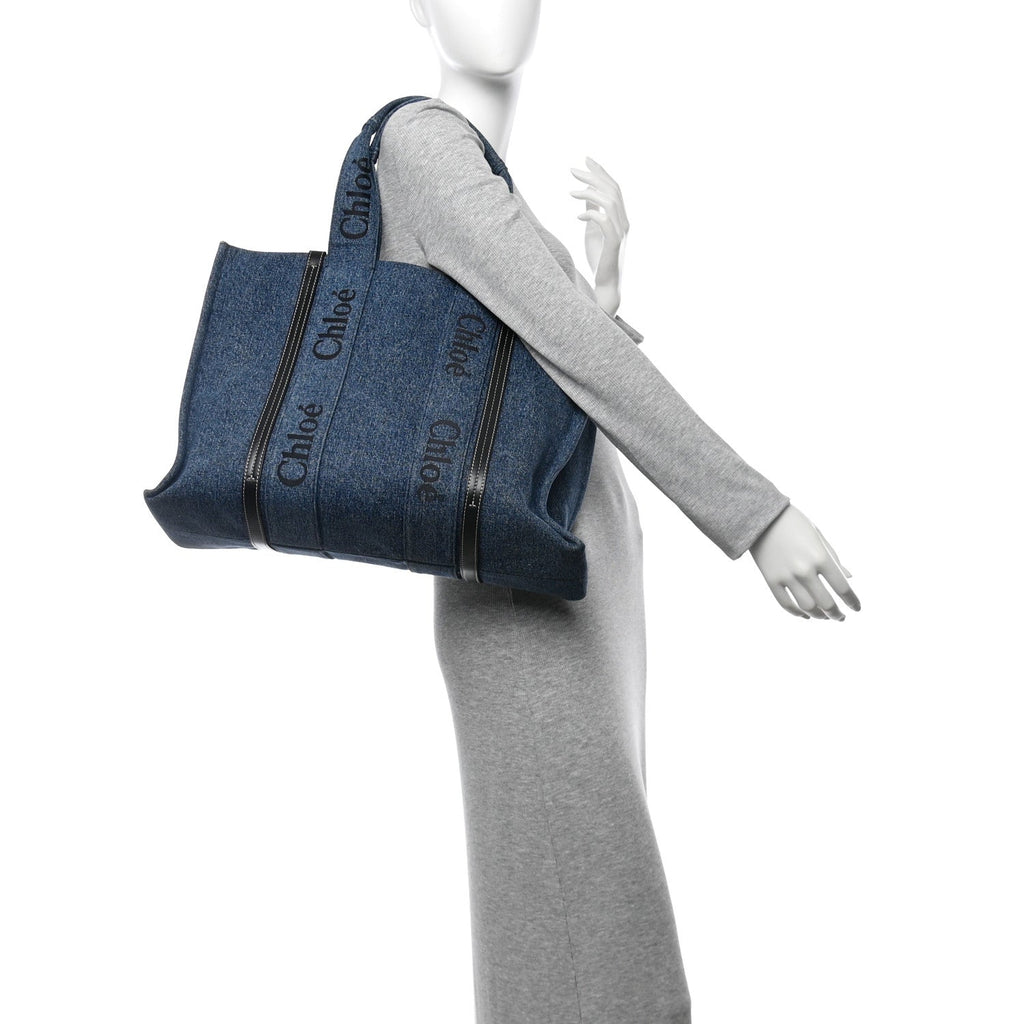 Denim Calfskin Large Woody Ribbon Tote Blue