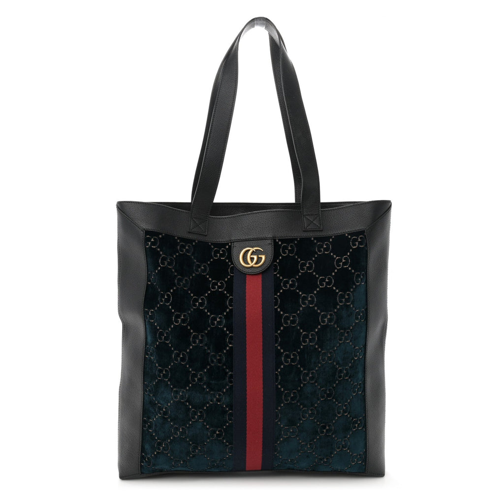 Velvet GG Monogram Textured Calfskin Web Large Ophidia Vertical Shopping Tote Blue Beige Black