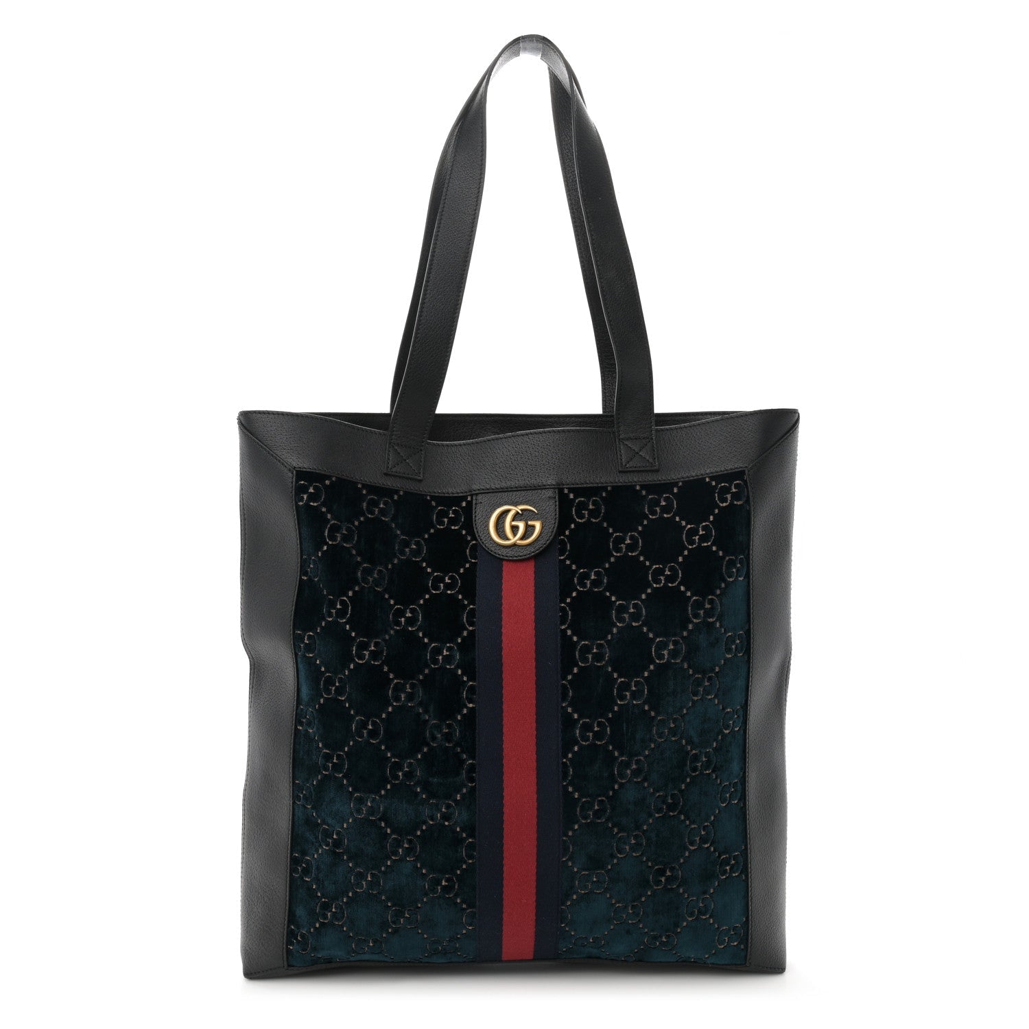 Velvet GG Monogram Textured Calfskin Web Large Ophidia Vertical Shopping Tote Blue Beige Black