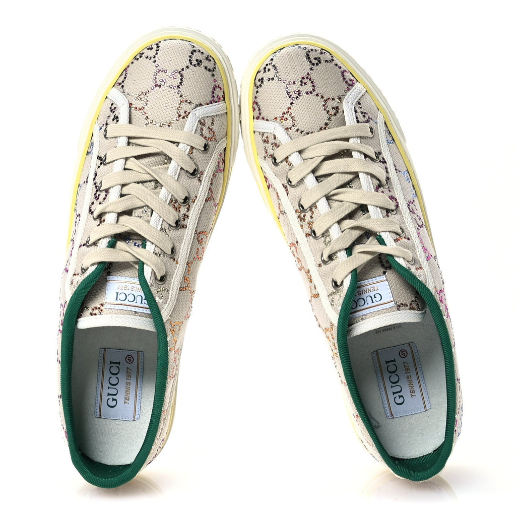 Canvas Lame Crystal GG Monogram Womens 1977 Tennis Sneakers 41 Gardenia Silver Mystic White