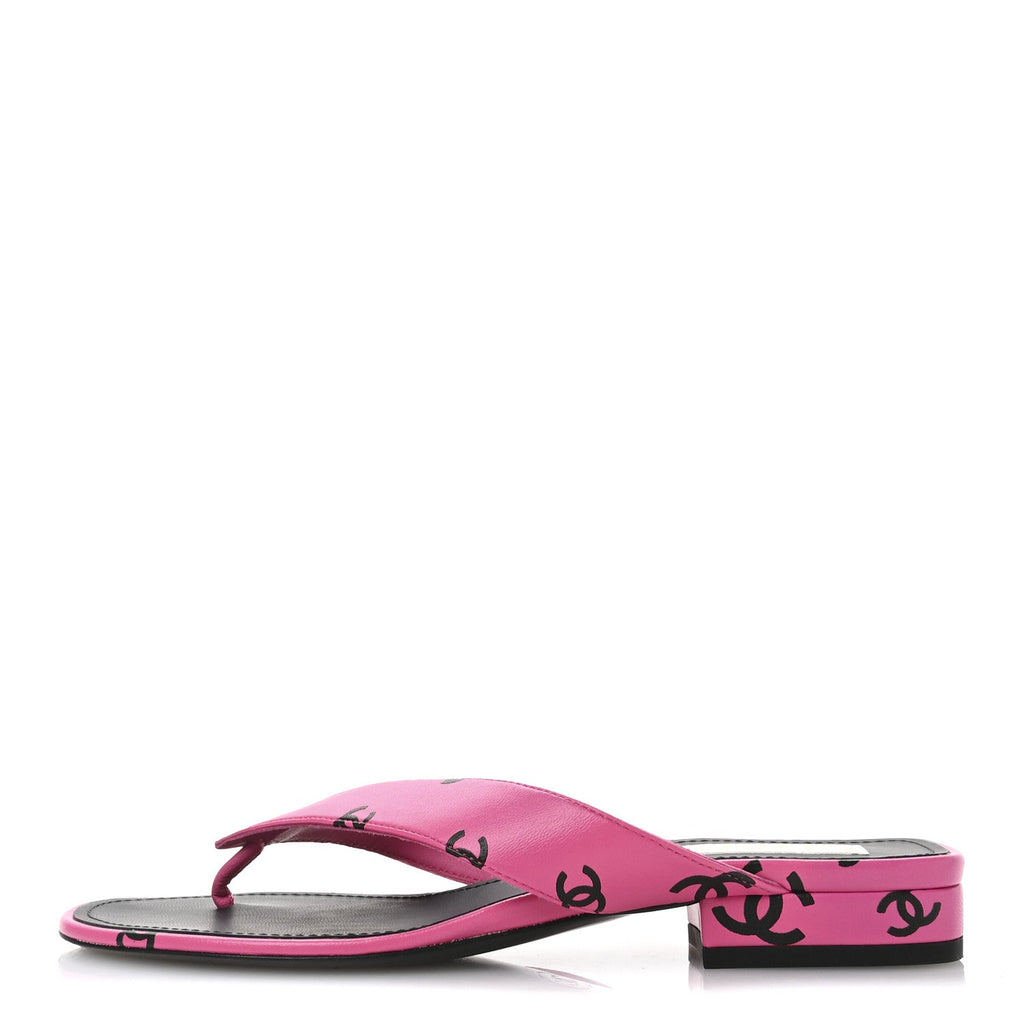 Lambskin Printed Coco Beach Thong Sandals 37.5 Dark Pink Black