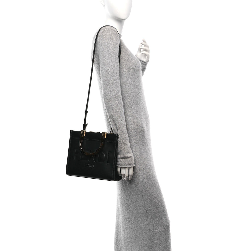 Vitello King Plexiglass Logo Embossed Small Fendi Sunshine Shopper Tote Black