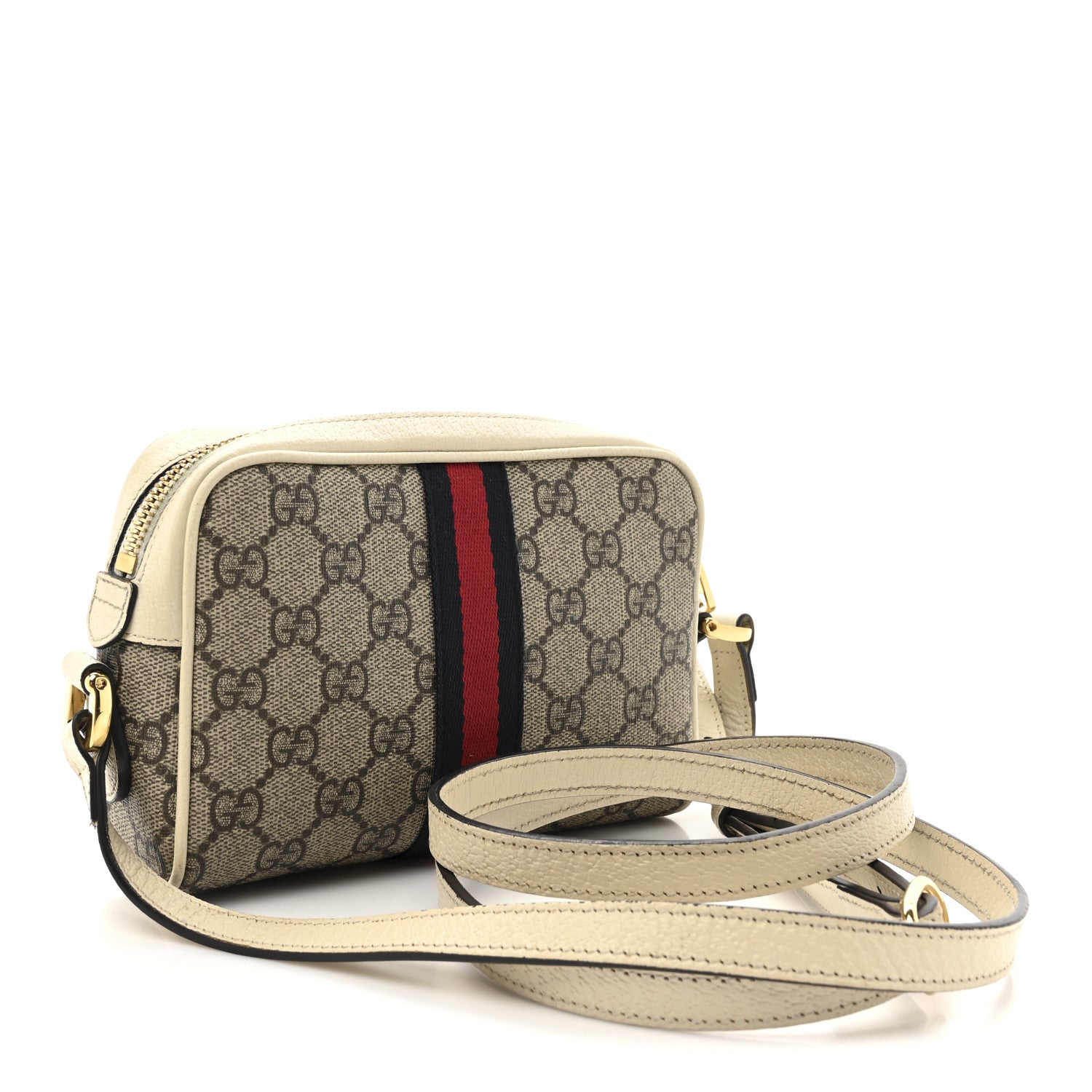 GG Supreme Monogram Textured Calfskin Web Mini Ophidia Shoulder Bag Beige Ebony Mystic White