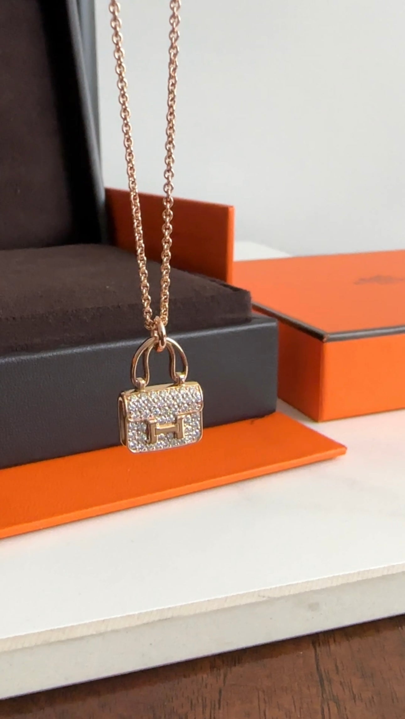 Hermes 18k Rose Gold Diamond Amulettes Constance Necklace