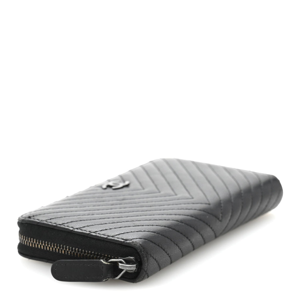 Lambskin Chevron Quilted Zip Around Wallet Black