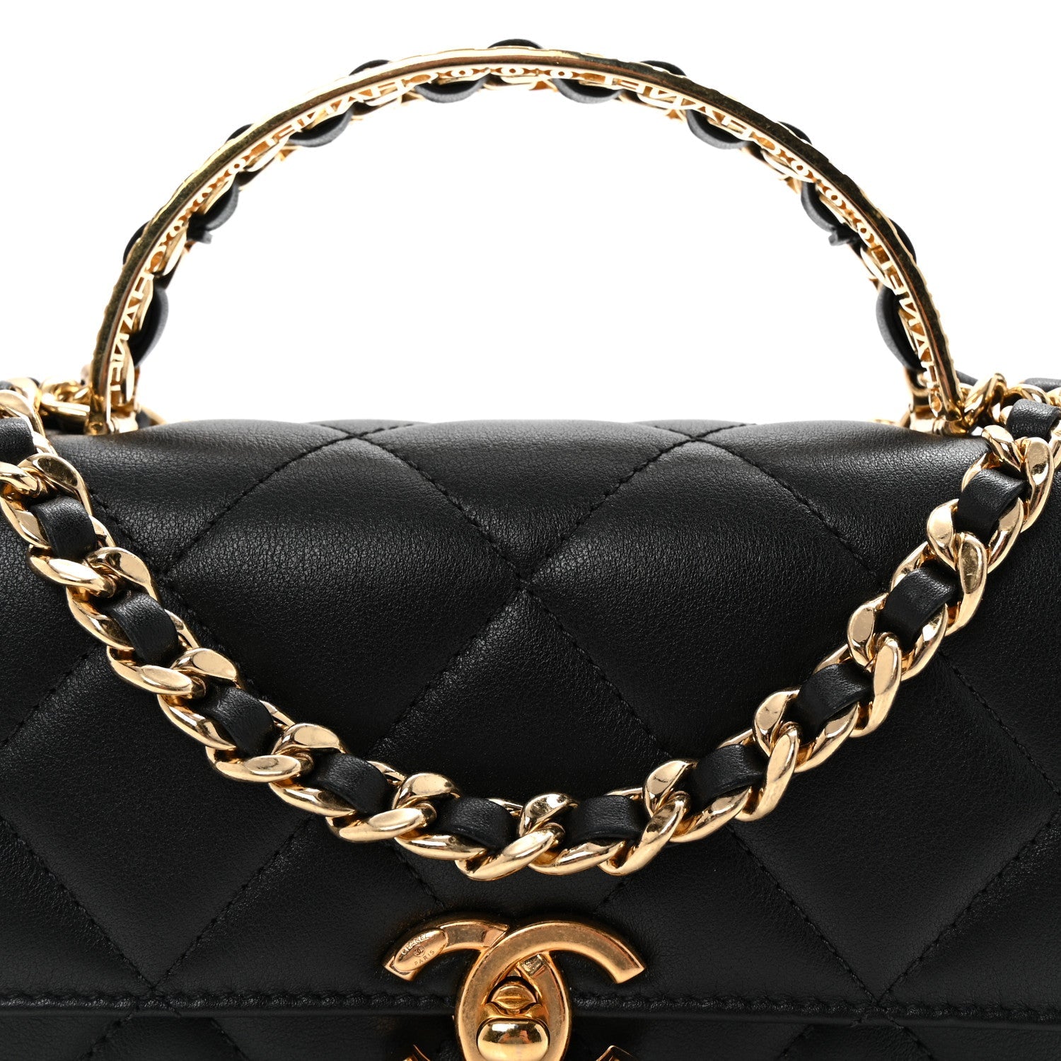 Shiny Calfskin Quilted Mini Metal Top Handle Flap Black