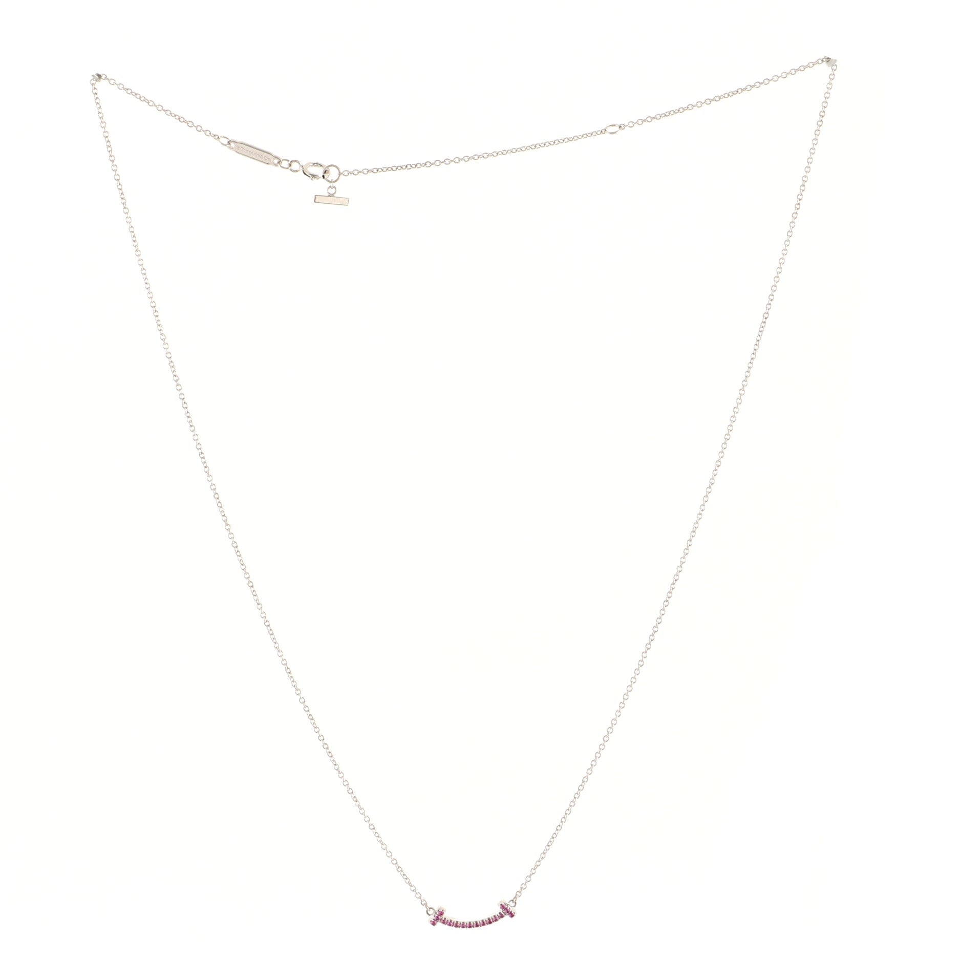 T Smile Pendant Necklace 18K White Gold with Pink Sapphires Mini