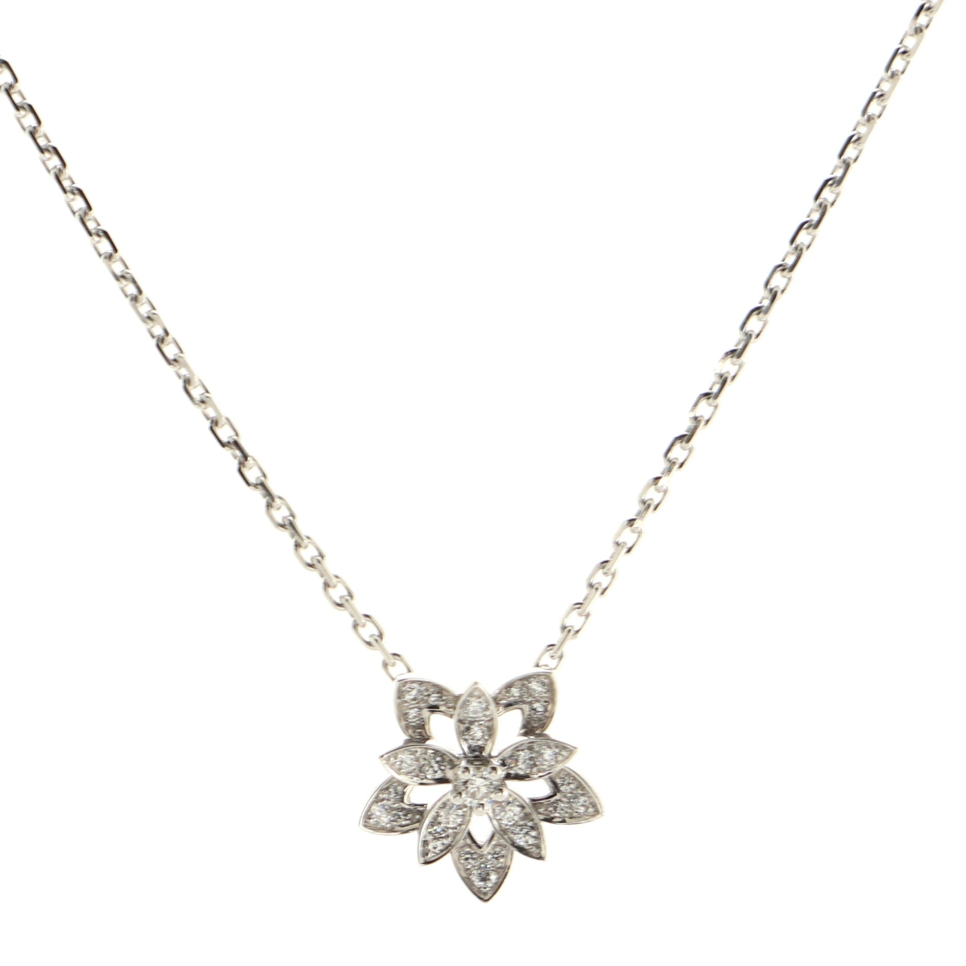 Lotus Clip Pendant Necklace 18K White Gold with Pave Diamonds Mini