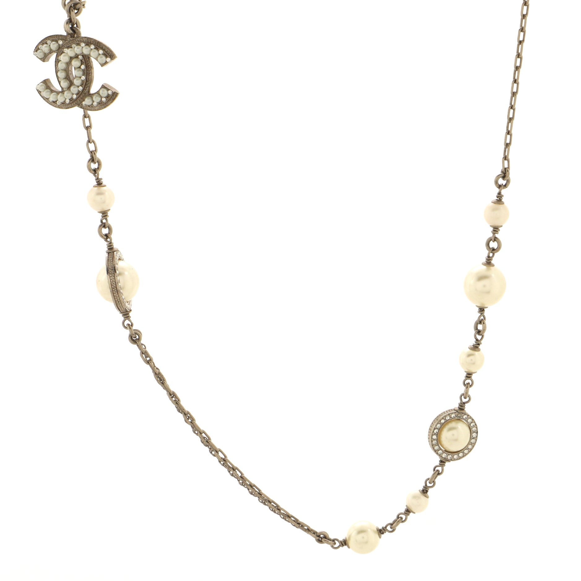 CC Long Necklace Faux Pearls and Metal