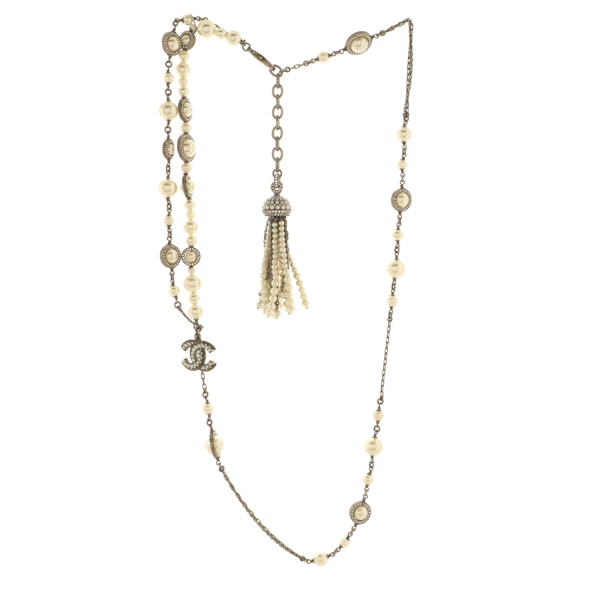 CC Long Necklace Faux Pearls and Metal