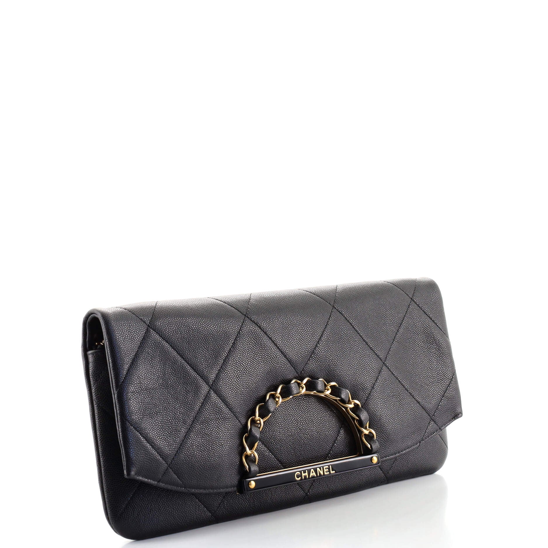 Woven Chain Handle Flap Clutch Quilted Caviar Medium