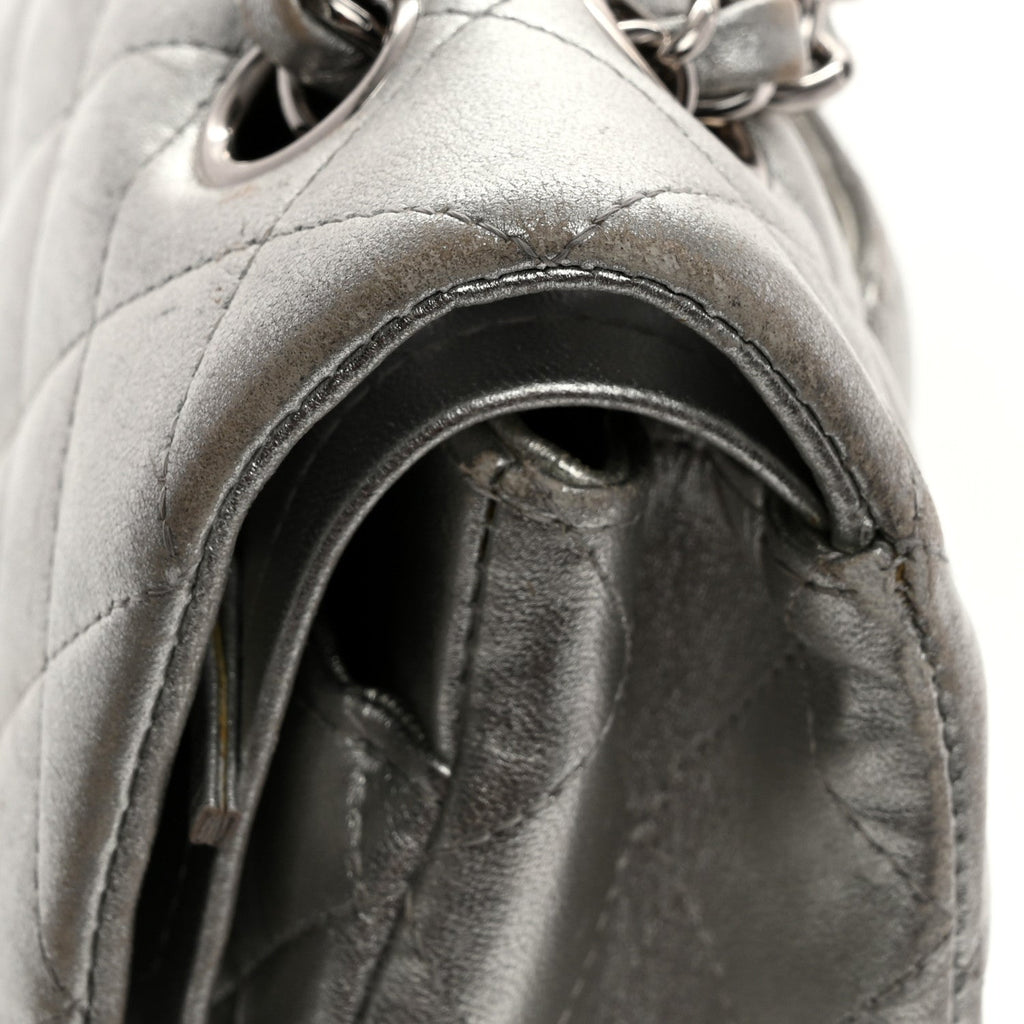Metallic Lambskin Quilted Medium Double Flap Silver