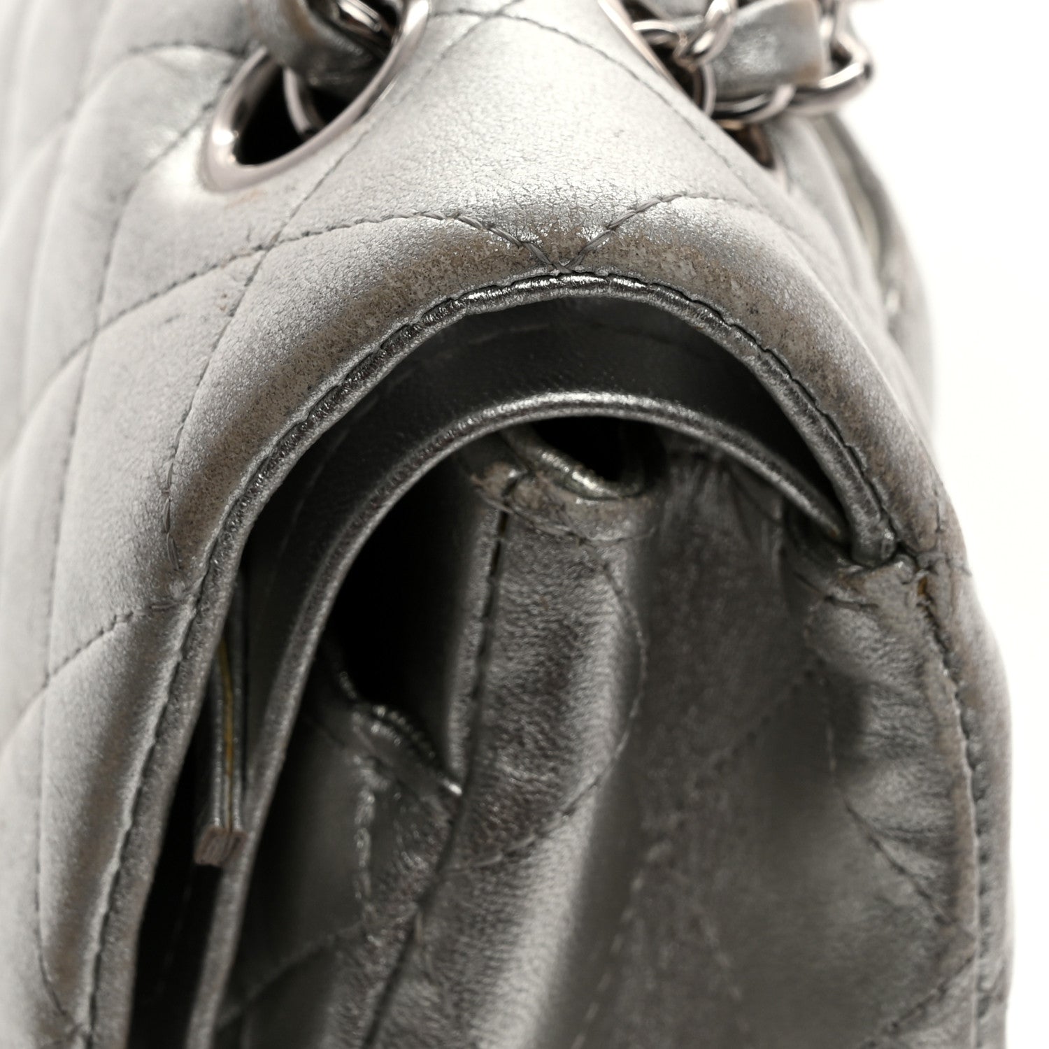 Metallic Lambskin Quilted Medium Double Flap Silver
